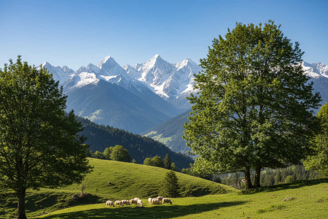 can you make a cool picture of nature maybe osme mountians where you see some sheeps walking and a few tree in the front